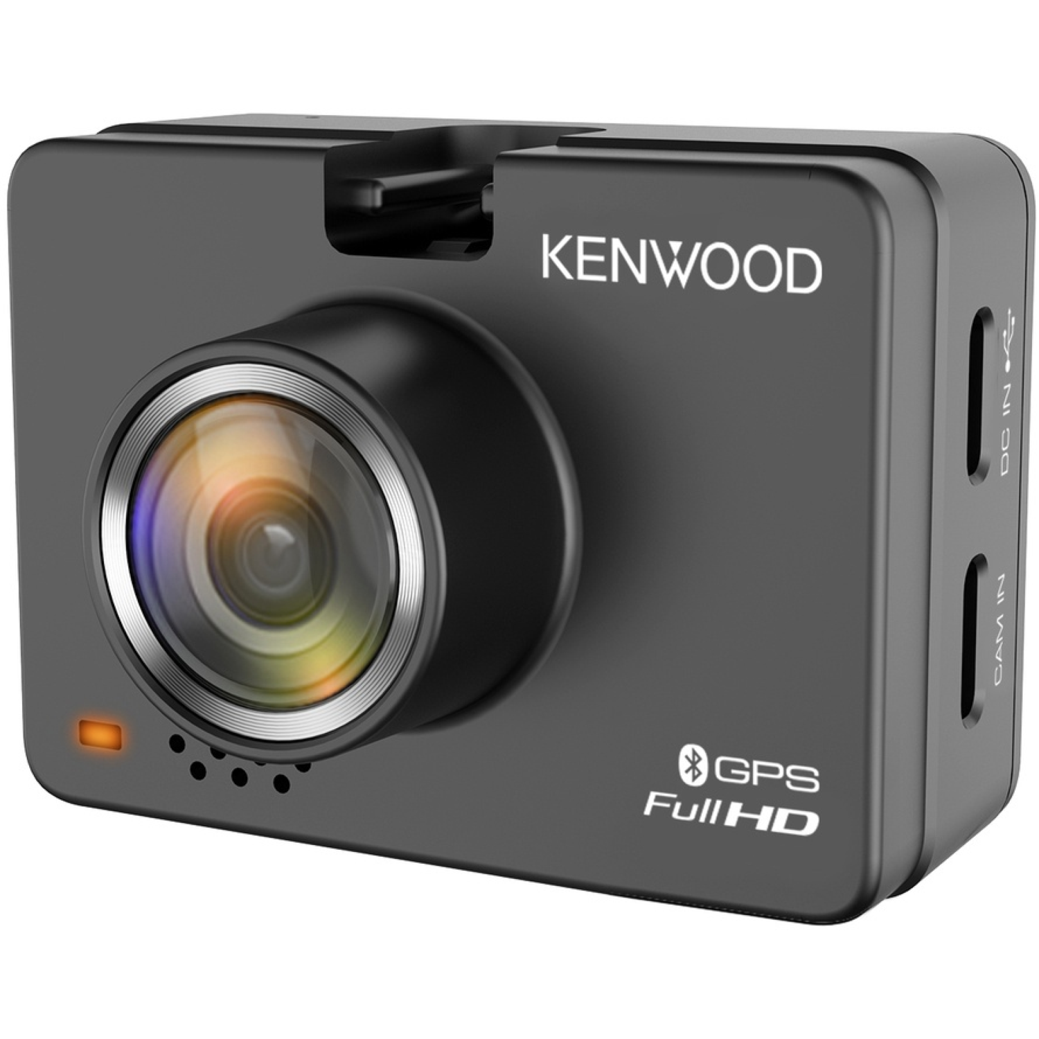 Une caméra de tableau de bord Kenwood noire. Elle possède un objectif, le logo Kenwood et des ports pour l'entrée CC et CAM. Elle a aussi le GPS et le Bluetooth.