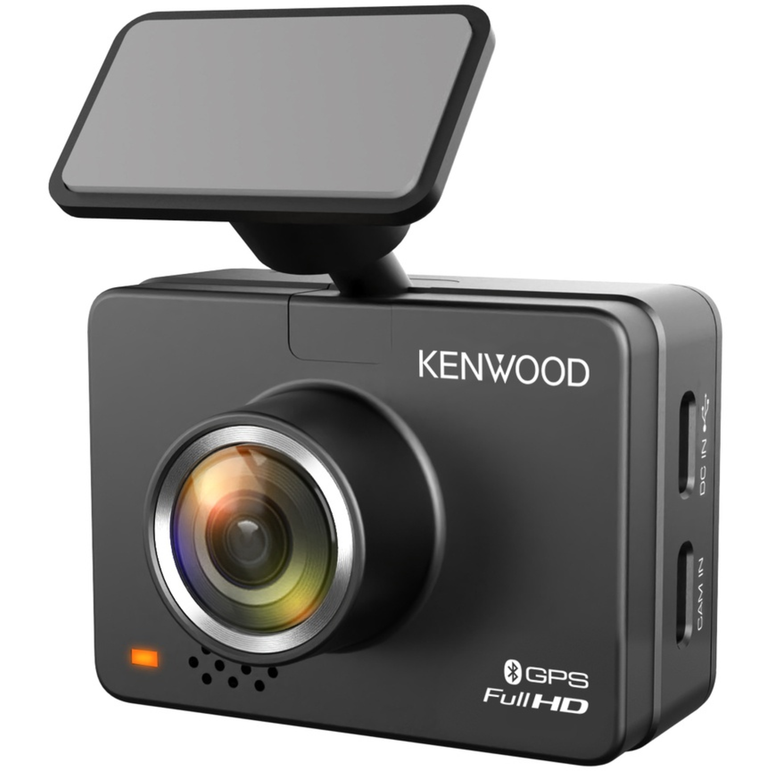 Dashcam Kenwood noire avec écran, objectif et ports. Dispose du GPS, Full HD et d'une petite lumière orange.