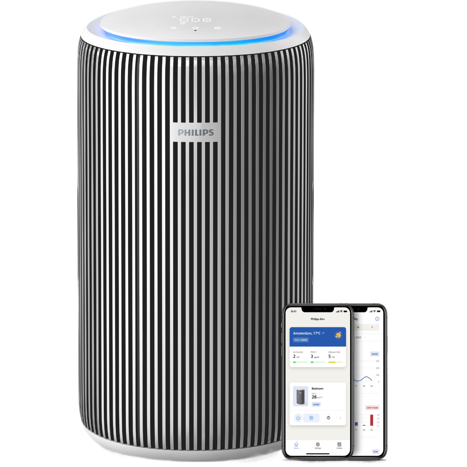 Een Philips luchtreiniger met een gestreept ontwerp, en twee smartphones met luchtkwaliteitsinformatie.