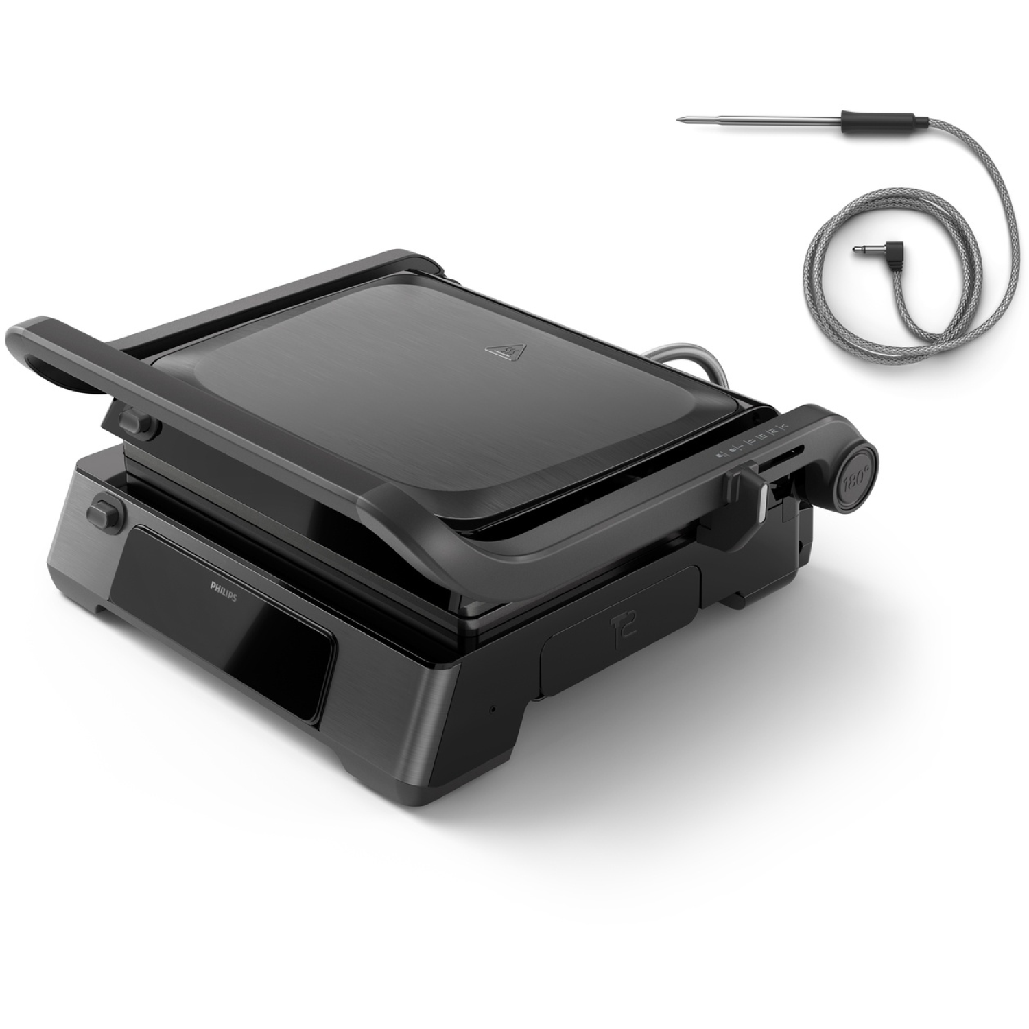 Un grill électrique Philips noir avec une sonde de température. Il est sur une surface blanche et le grill est ouvert.