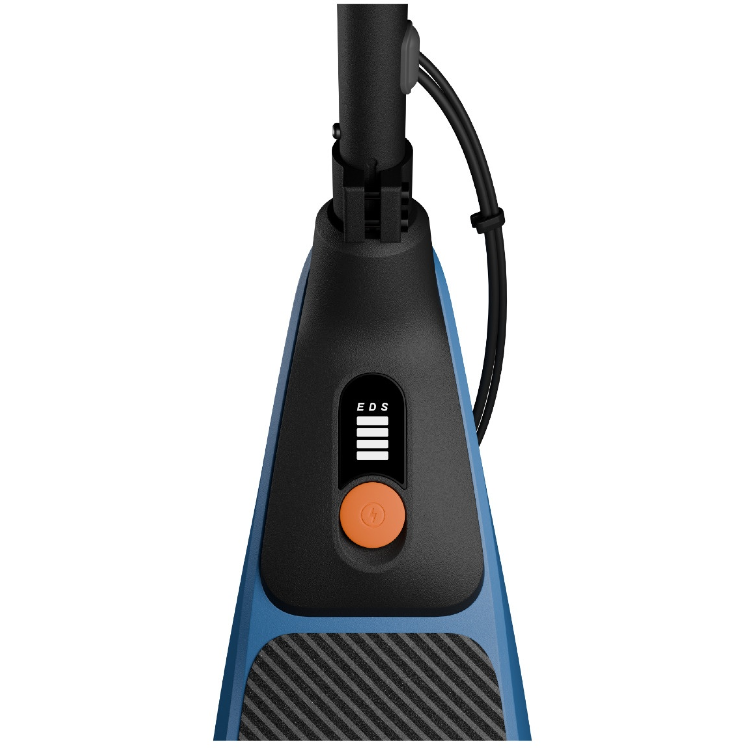 Close-up van het bedieningspaneel van een elektrische scooter. Het heeft een aan/uit-knop, batterij-indicator en een zwart stuur met een kabel.