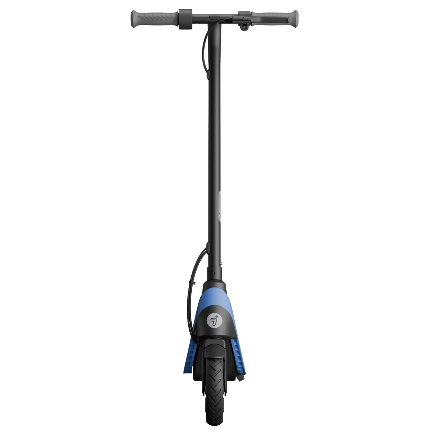 Een elektrische scooter, van voren gezien. Hij heeft een zwart frame, blauwe accenten, grijze handvatten en een zwarte band.