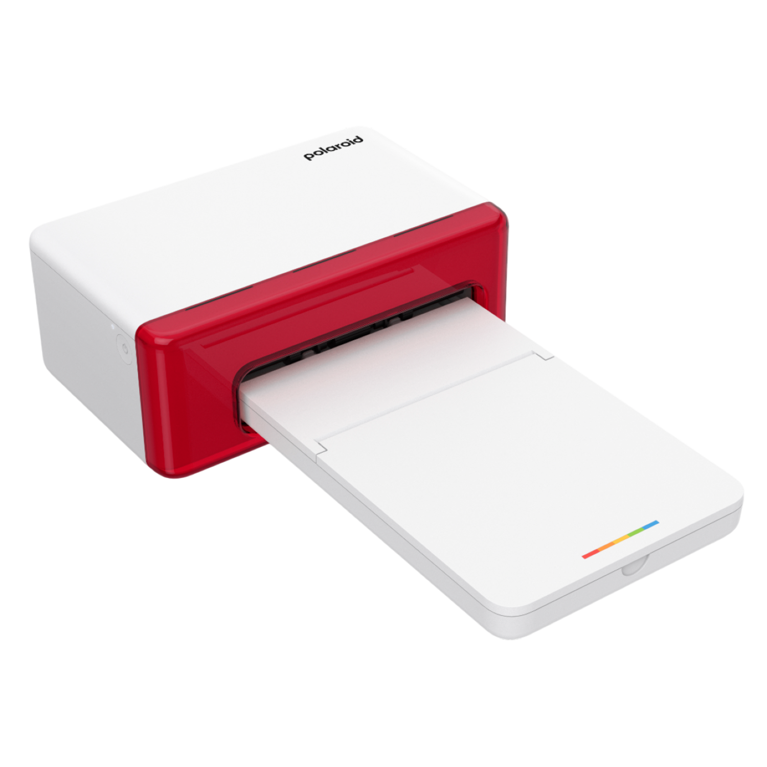 Een wit-rode Polaroid-fotoprinter met een gedeeltelijk uitgeworpen witte foto. De printer heeft het Polaroid-logo erop.