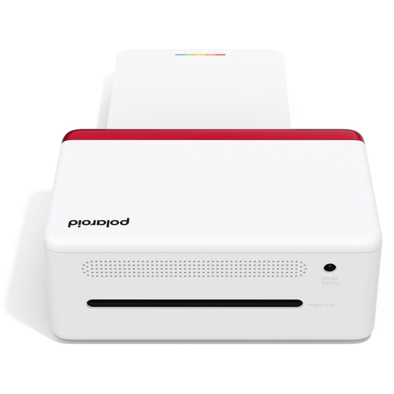 Een witte Polaroid-printer met een rode bovenkant. Bovenop een papierlade met kleurrijke strepen. De printer heeft een papieruitvoersleuf.