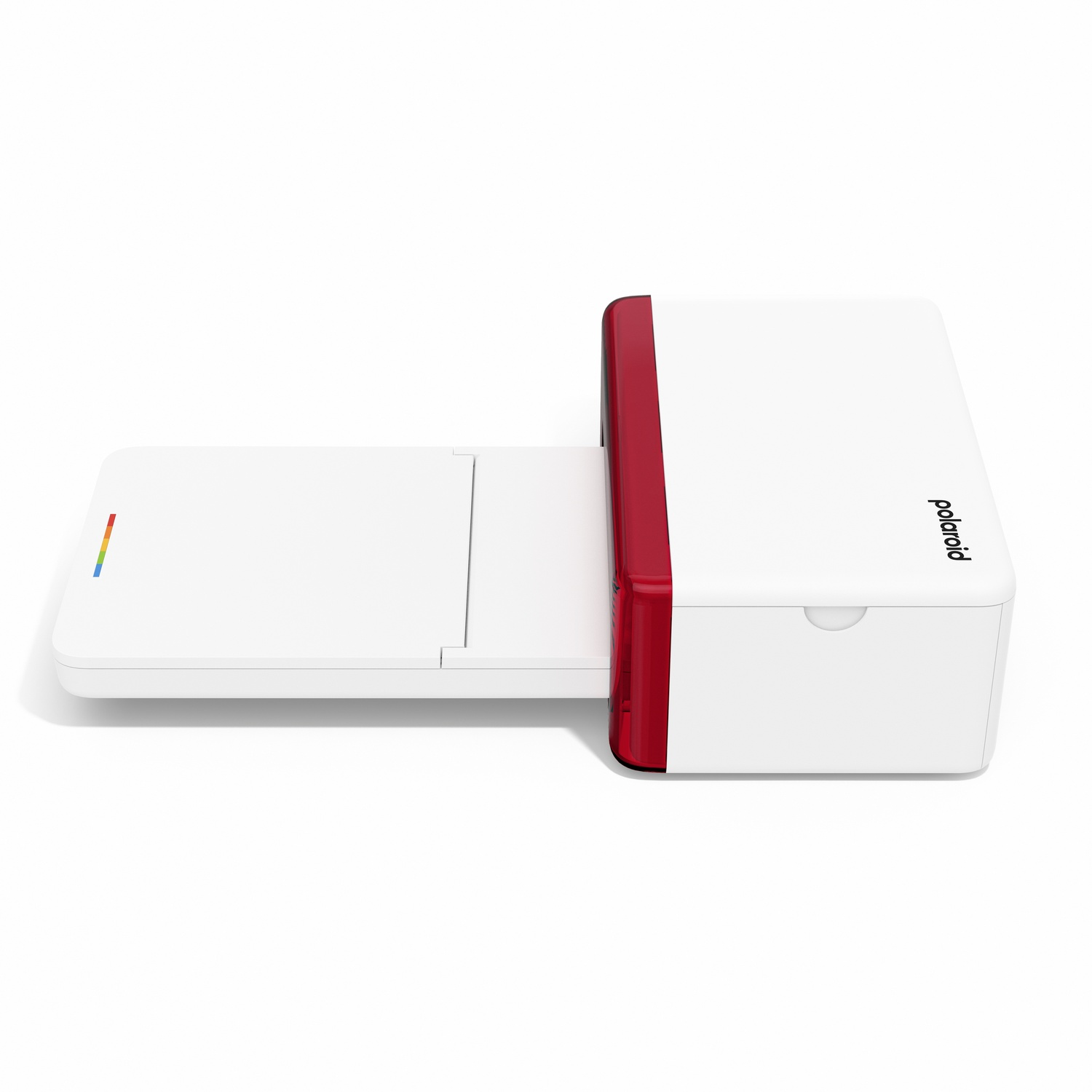 Een witte Polaroid-printer met een rode accent, open en klaar om af te drukken. Het Polaroid-logo staat op de zijkant. Een regenboogstreep staat op de lade.