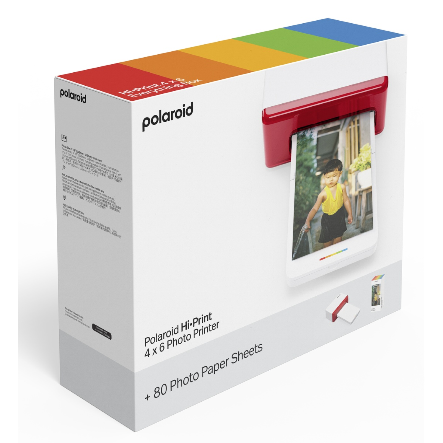 Polaroid Hi-Print doos. Een rode printer print een foto van een kind. De doos heeft kleurbalken en tekst.