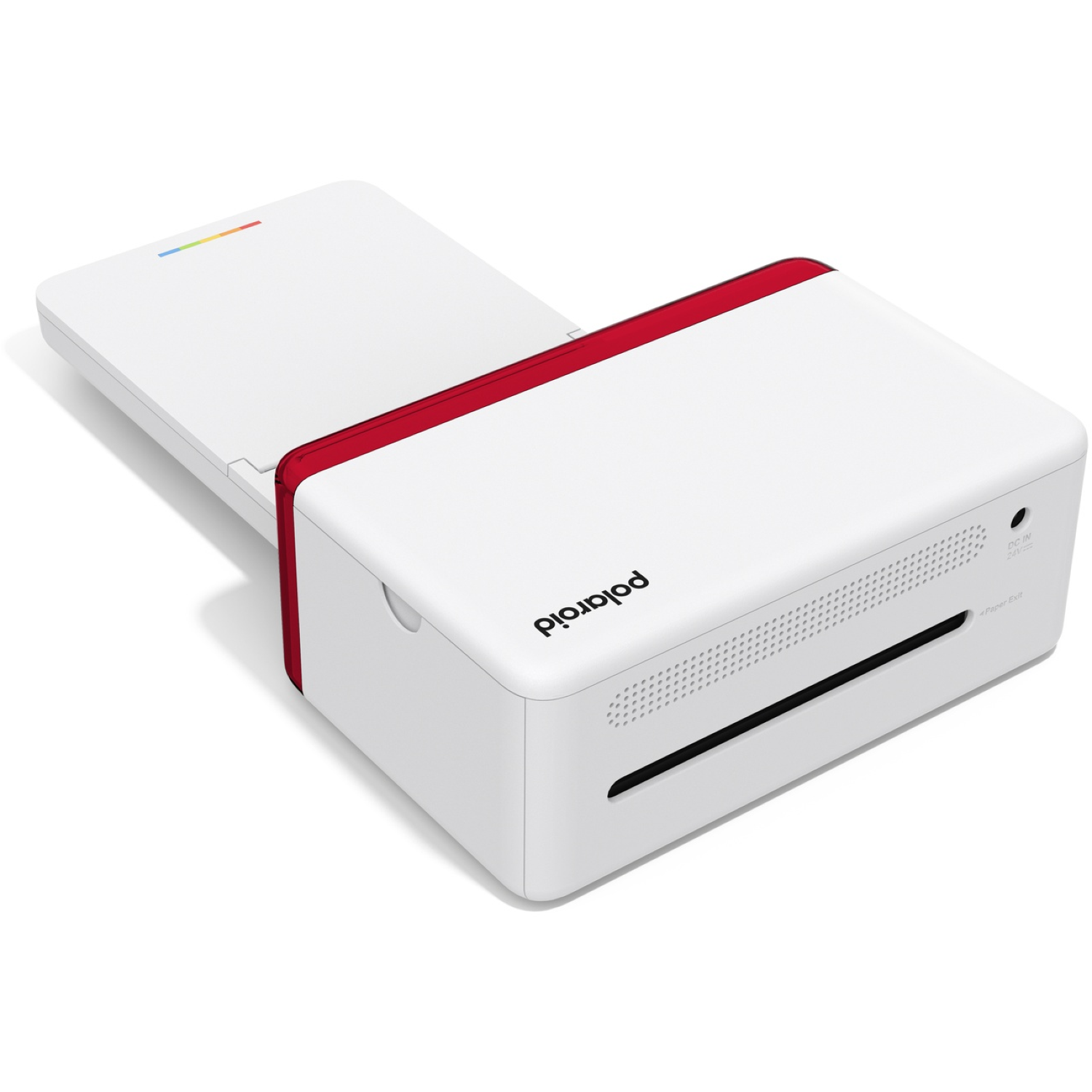 A white Polaroid photo printer with a red accent. It has a slot for photos, a power button, and a label 'Polaroid'. The background is white.