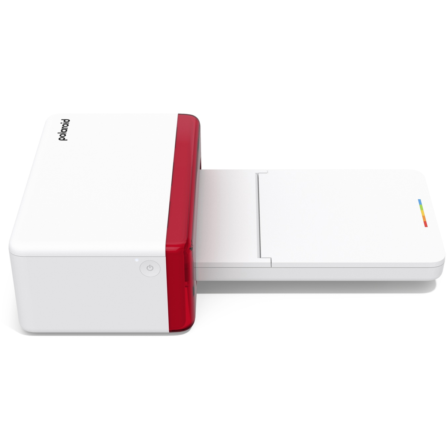 A white Polaroid printer with a red accent, and an extended white tray. The power button is visible. The Polaroid logo is on the top.