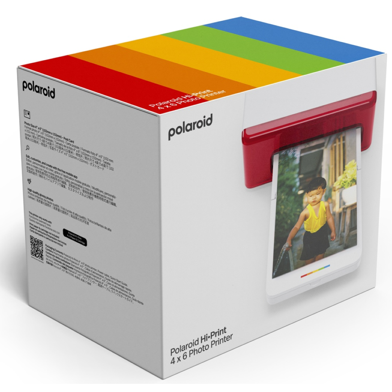 Polaroid Hi-Print box. A red printer dispenses a photo of a child. The box has a rainbow top and text.