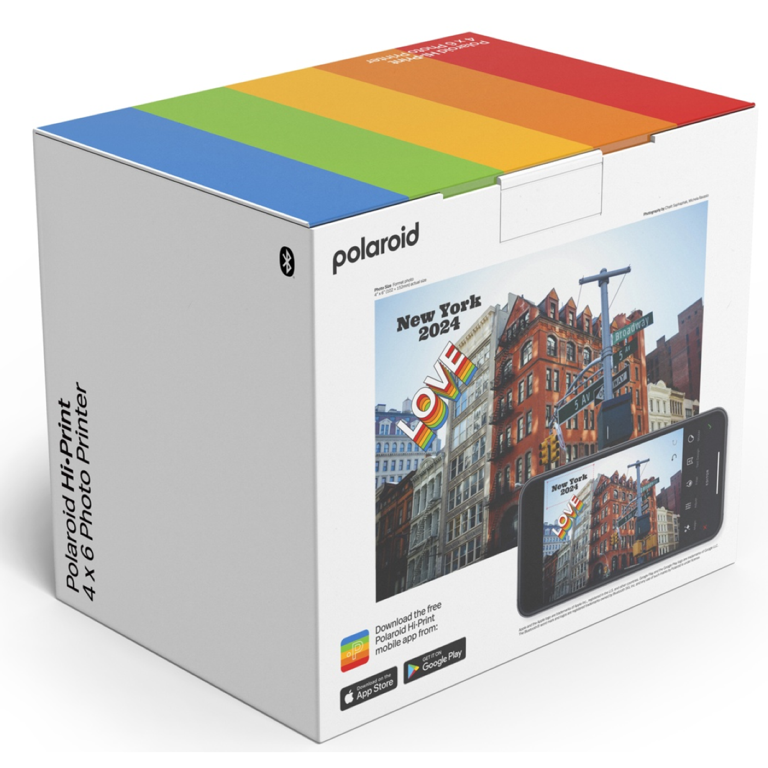 Polaroid Hi-Print box. It shows New York 2024 with the word LOVE. The box is in rainbow colors.