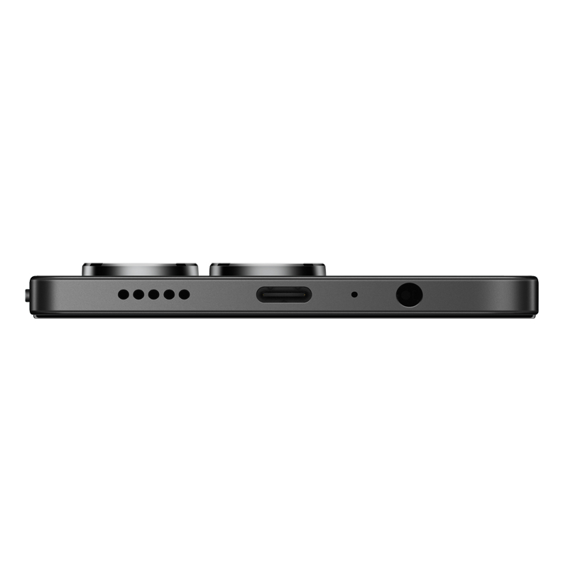 Seitenansicht eines dunkelgrauen Smartphones. Es hat Kameralinsen, Lautsprecher, einen USB-C-Anschluss, ein Mikrofon und einen Kopfhöreranschluss.