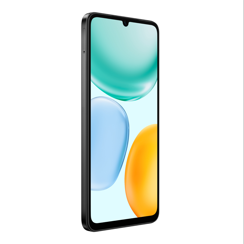 Ein schwarzes Smartphone zeigt abstrakte bunte Formen: Türkis, Blau und Orange. Das Telefon ist abgewinkelt und zeigt seine Seite und den Bildschirm.