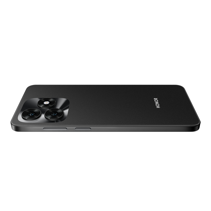 Ein schwarzes Smartphone mit drei Rückkameras wird angezeigt. Das Telefon befindet sich auf weißem Hintergrund und die Marke HONOR ist sichtbar.
