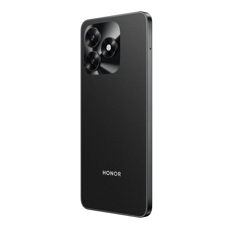 Schwarzes Smartphone mit drei Kameralinsen. HONOR-Logo sichtbar. Das Telefon befindet sich auf weißem Hintergrund.
