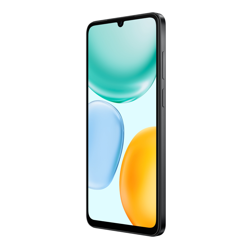 Ein schwarzes Smartphone mit einem Bildschirm, der abstrakte Formen in Türkis, Blau und Orange vor einem weißen Hintergrund zeigt.
