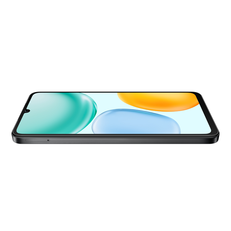 Ein schwarzes Smartphone mit farbenfrohem Display: teal, blau und orange Formen. Es liegt flach und leicht angewinkelt vor weißem Hintergrund.