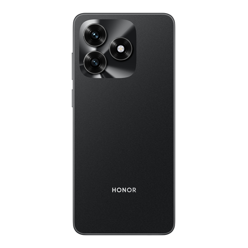 Ein schwarzes Smartphone mit drei Rückkameras. Die Marke 'HONOR' ist unten aufgedruckt. Das Telefon befindet sich vor einem weißen Hintergrund.