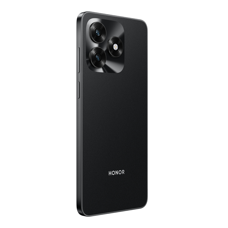 Schwarzes Smartphone mit Dreifach-Kamera. Das Telefon hat das HONOR-Logo. Es ist eine Produktaufnahme vor weißem Hintergrund.