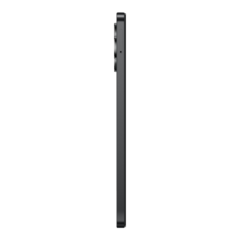 Seitenansicht eines schwarzen Smartphones. Das Telefon ist rechteckig, mit einer Kameraausbuchtung oben und einem schwarzen Rahmen. Weißer Hintergrund.