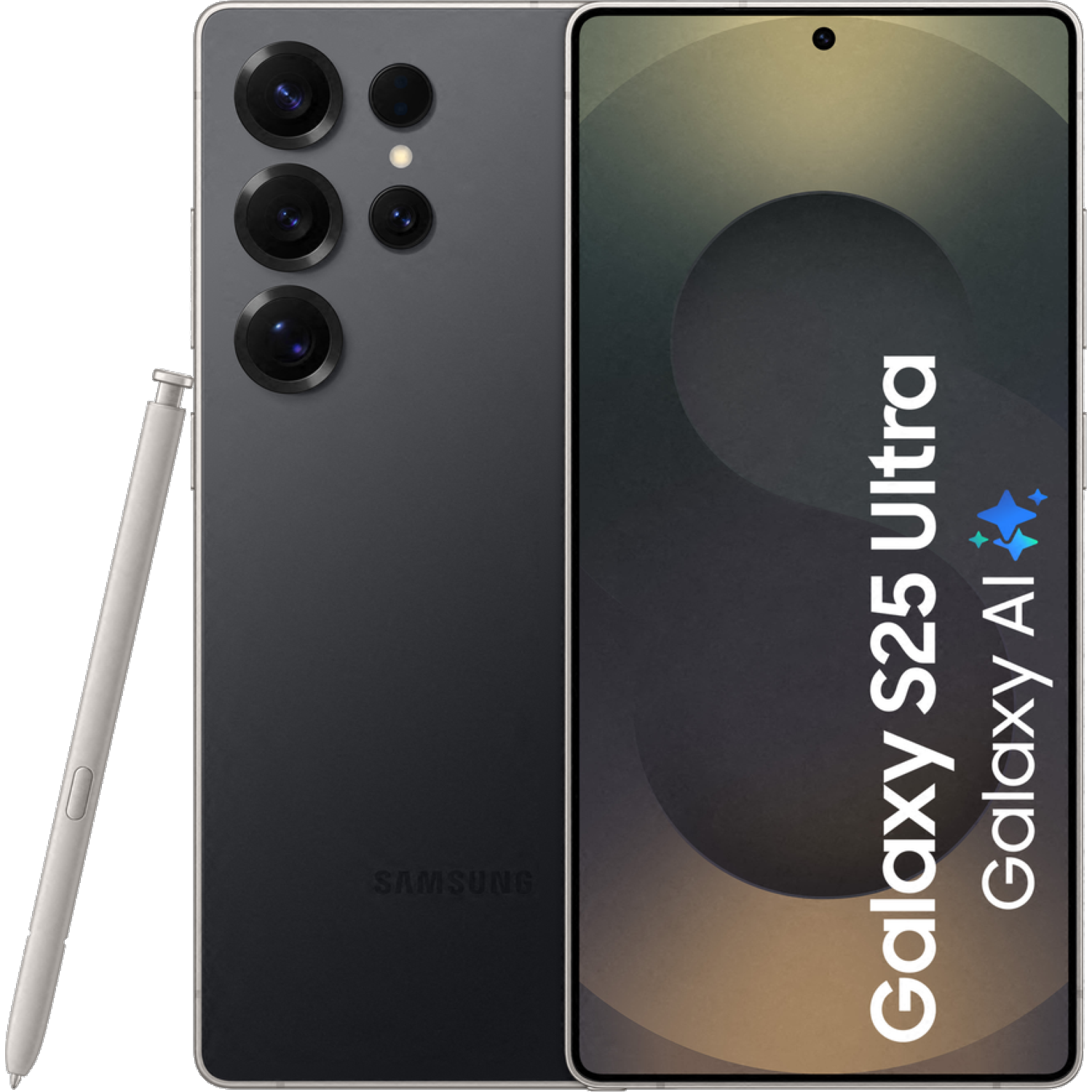 Een zwarte Samsung Galaxy S25 Ultra telefoon met een stylus. De telefoon heeft meerdere camera's. Het scherm toont Galaxy S25 Ultra Galaxy AI.