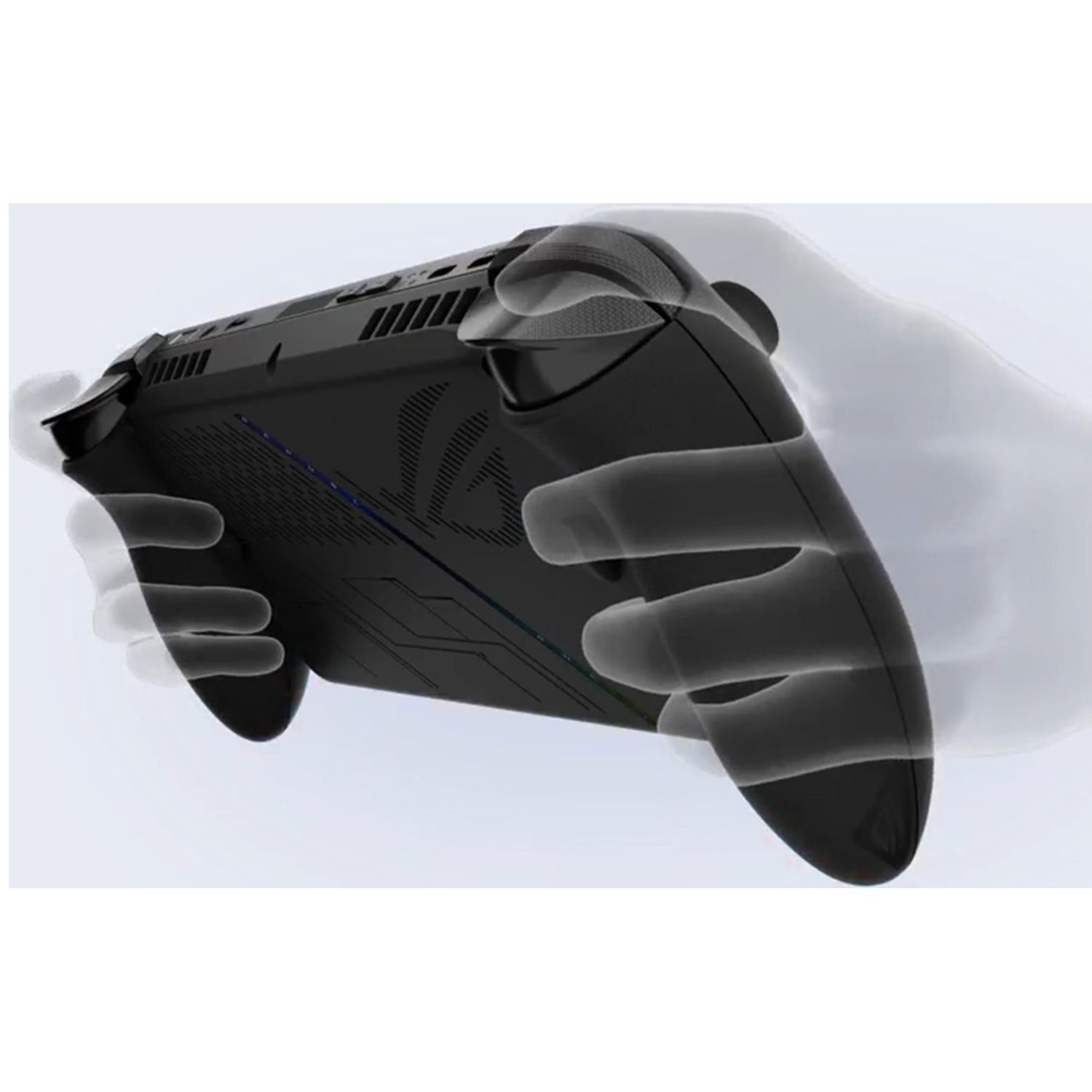 Een persoon houdt een zwarte handheld-gameconsole vast. Het apparaat heeft knoppen en een scherm. De handen worden als een transparante omtrek getoond.