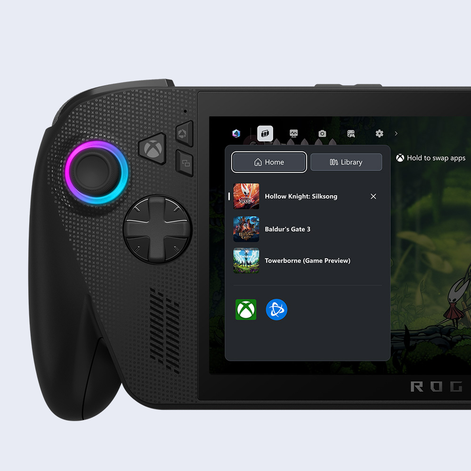 Een zwarte handheld console toont een gamebibliotheek. Links is een joystick met een kleurrijke ring. Het scherm toont gametitels.