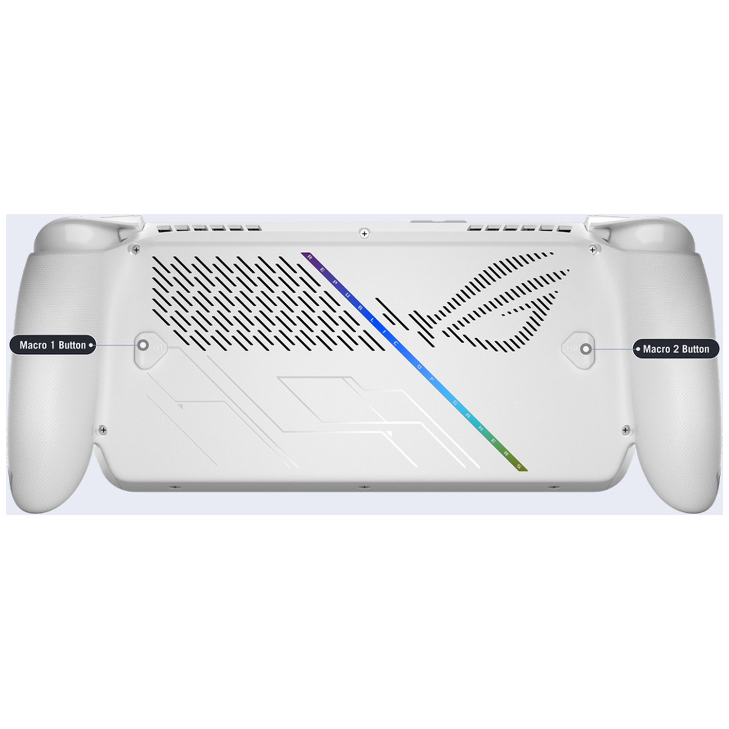 Witte handheld gameconsole. Voorzien van macroknoppen, ventilatie en het ROG-logo. Heeft een gekleurde strip.