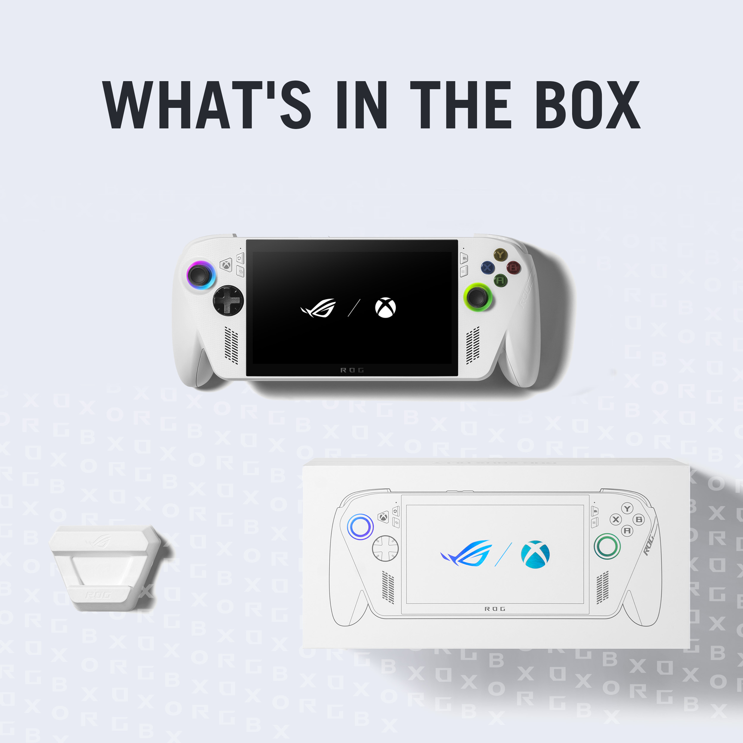 Een witte handheld gameconsole en de doos worden getoond. Het scherm toont logo's. Een kleine witte standaard en ROG-branding zijn ook zichtbaar.