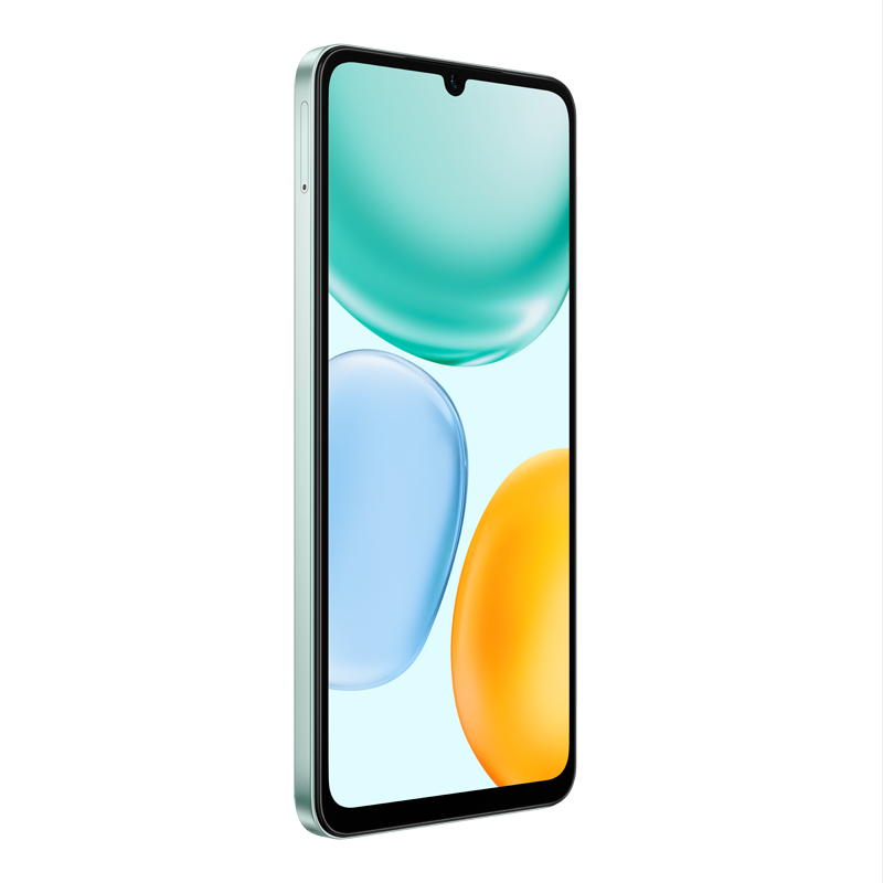 Ein hellgrünes Smartphone, das nach rechts abgewinkelt ist. Der Bildschirm zeigt türkisfarbene, blaue und orangefarbene abstrakte Formen.