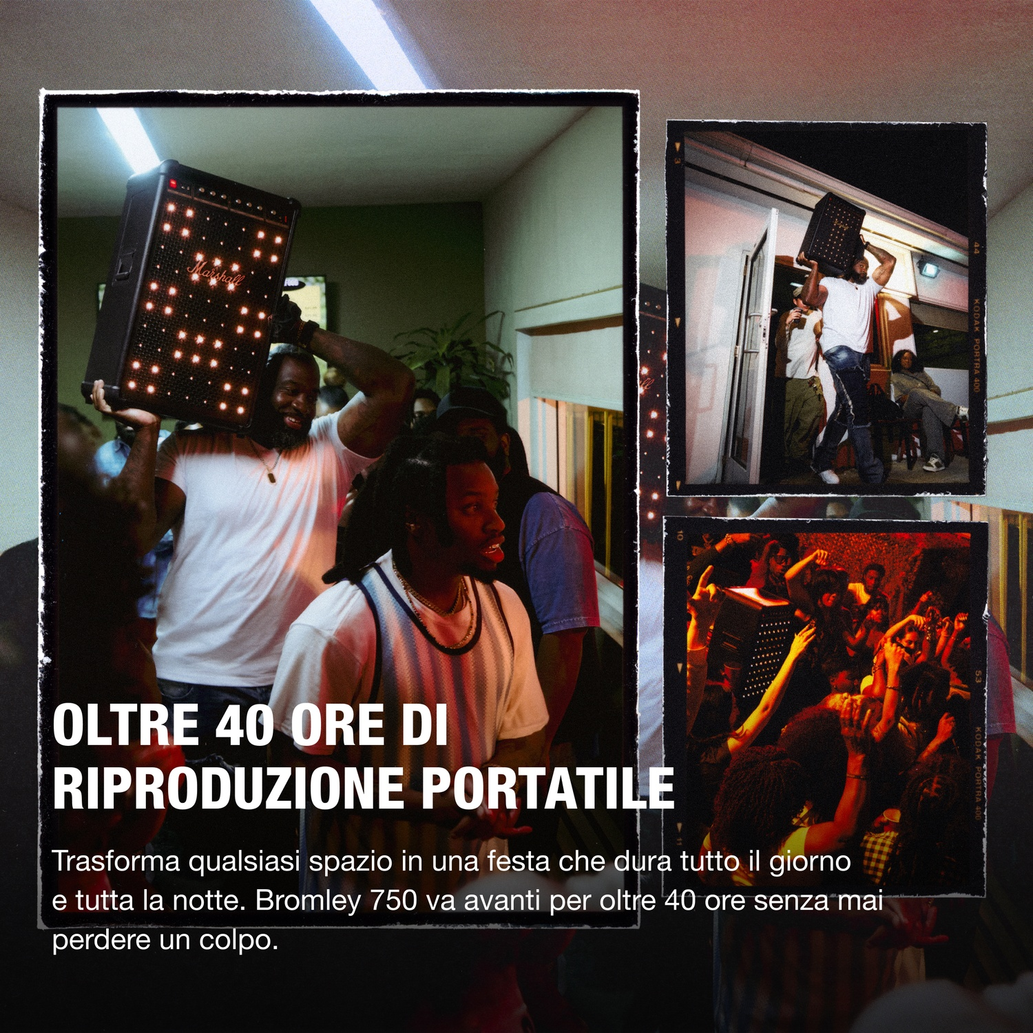 Persone a una festa con un altoparlante portatile. Testo: 'OLTRE 40 ORE DI RIPRODUZIONE PORTATILE.'