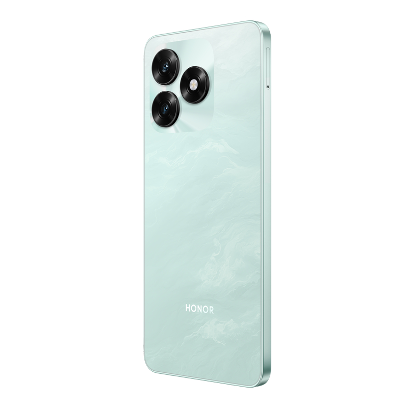 Ein hellgrünes Smartphone mit drei Kameralinsen. Das Wort HONOR ist unten aufgedruckt. Eine marmorähnliche Textur bedeckt die Rückseite.