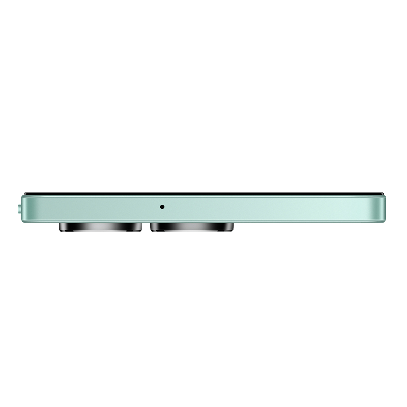 Seitenansicht eines mintgrünen Smartphones. Mit zwei schwarzen, kreisförmigen Kameralinsen und einem kleinen schwarzen Punkt, wahrscheinlich ein Mikrofon.