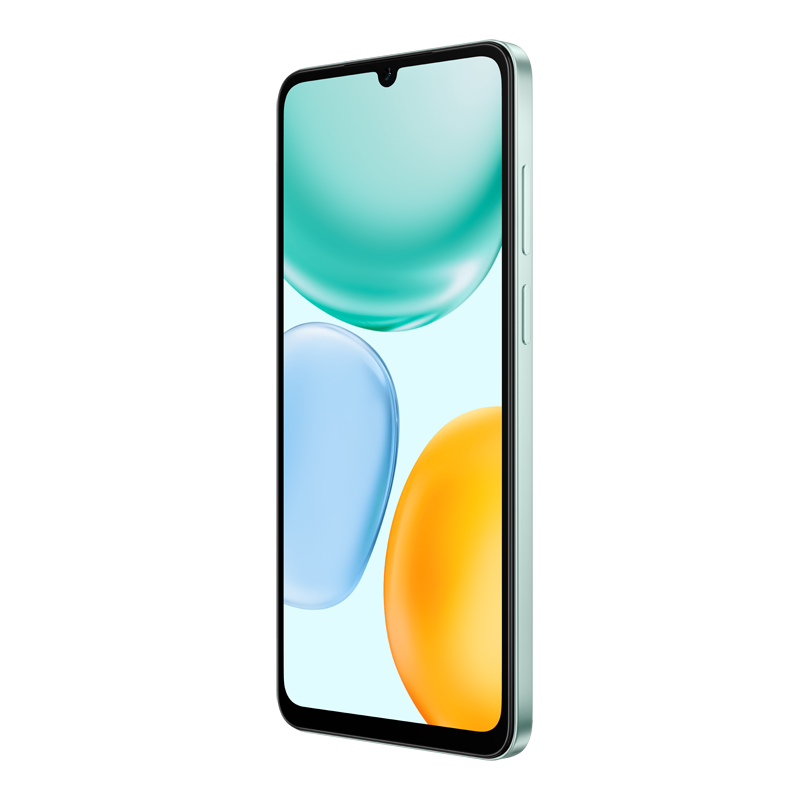 Ein mintgrünes Smartphone zeigt farbenfrohe abstrakte Formen auf seinem Bildschirm. Das Telefon ist angewinkelt und zeigt seine Seitentasten und den schwarzen Rahmen.