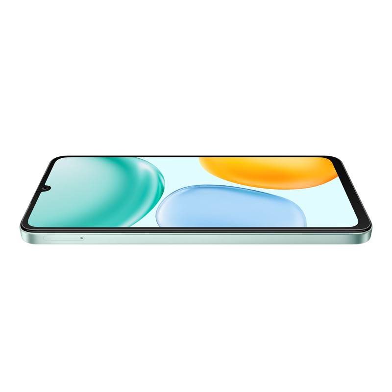 Ein mintgrünes Smartphone, leicht angewinkelt. Der Bildschirm zeigt abstrakte Formen in Türkis, Blau und Orange auf hellblauem Hintergrund.