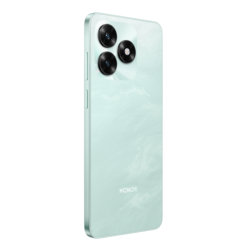 Ein hellgrünes Honor-Smartphone. Es hat drei Kameralinsen. Die Rückseite hat ein marmoriertes Muster. Das Wort HONOR ist auf der Rückseite geschrieben.