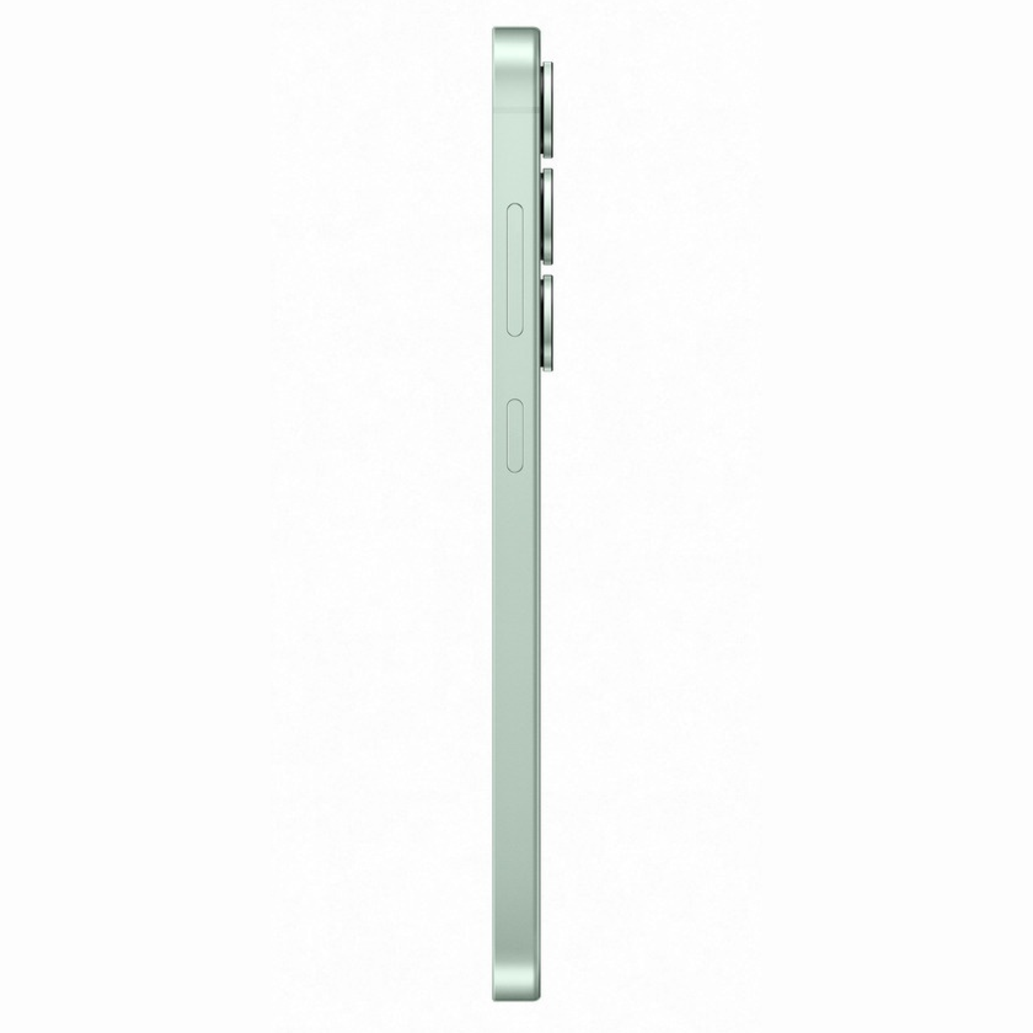 Side view of a light green smartphone. The phone has three circular camera lenses and volume/power buttons on the side.