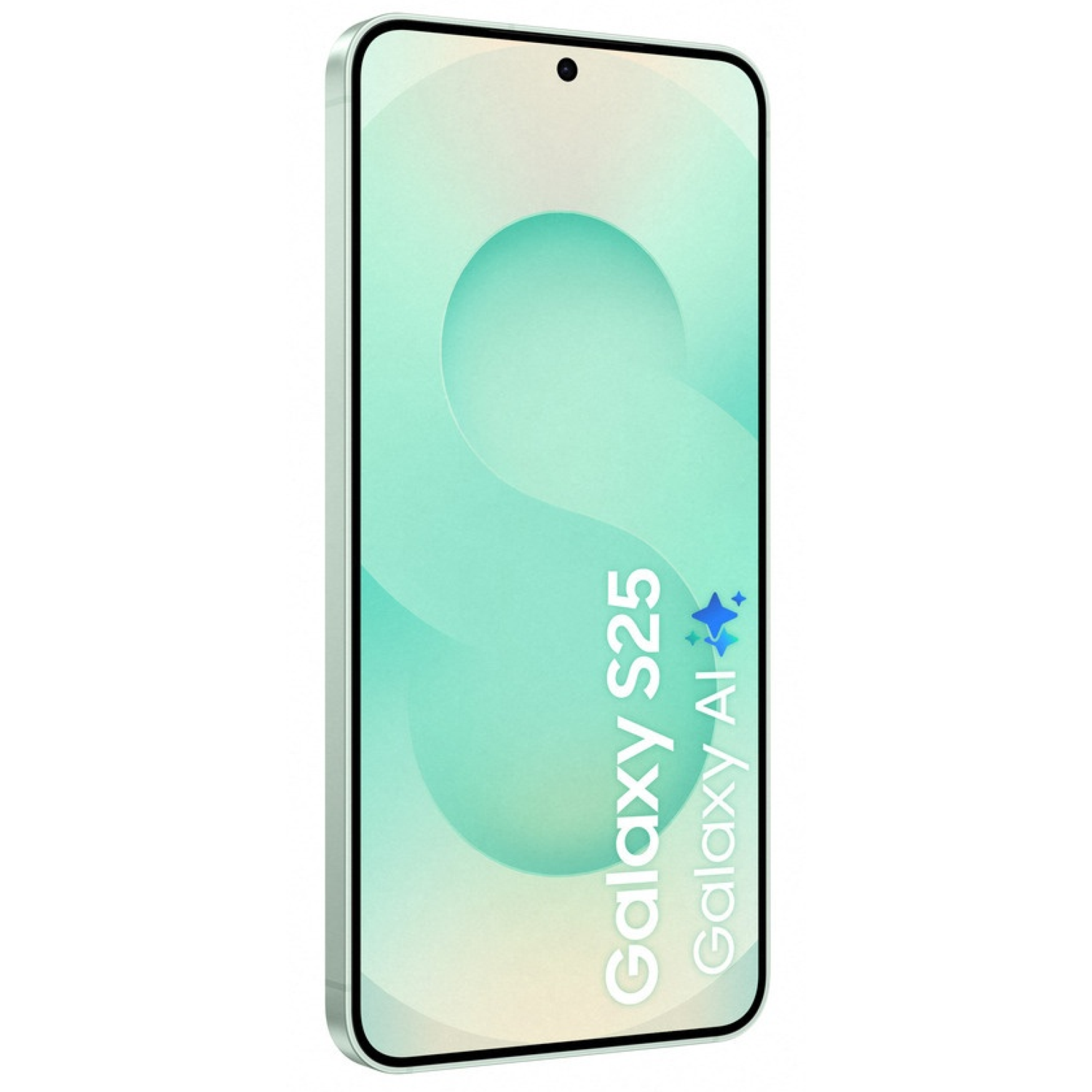 A smartphone with a green frame. The screen displays the words Galaxy S25 and Galaxy AI. The background has a teal gradient.
