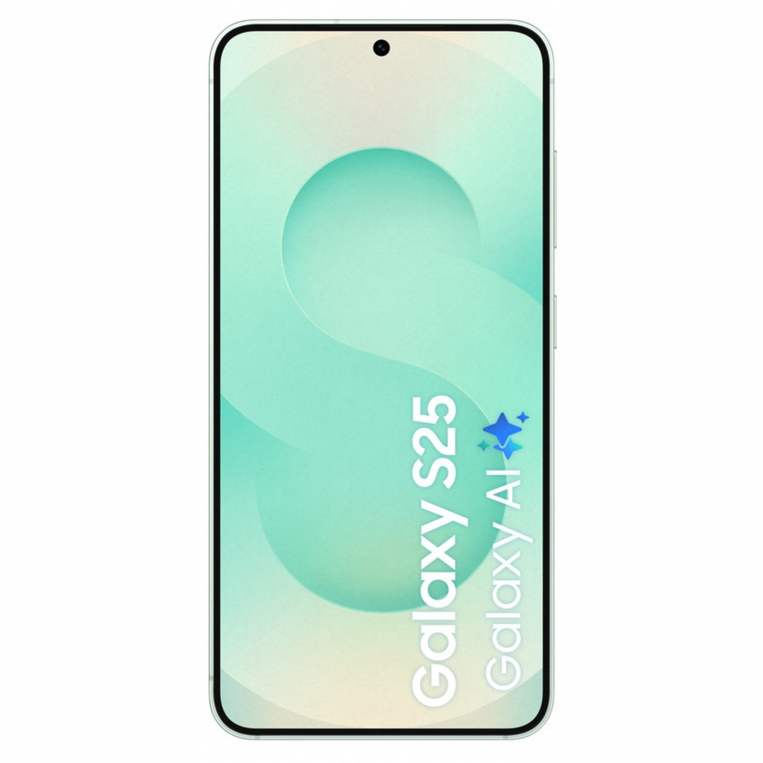 A smartphone with a light green screen displays the words "Galaxy S25 Galaxy AI" vertically. The phone has a white frame.