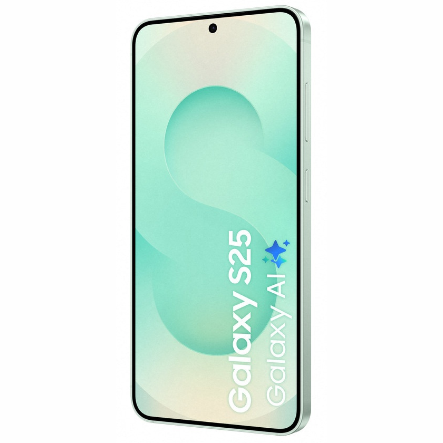 A mint-green smartphone titled 'Galaxy S25 Galaxy AI' on its screen. The phone has rounded corners, with volume and power buttons on the side.