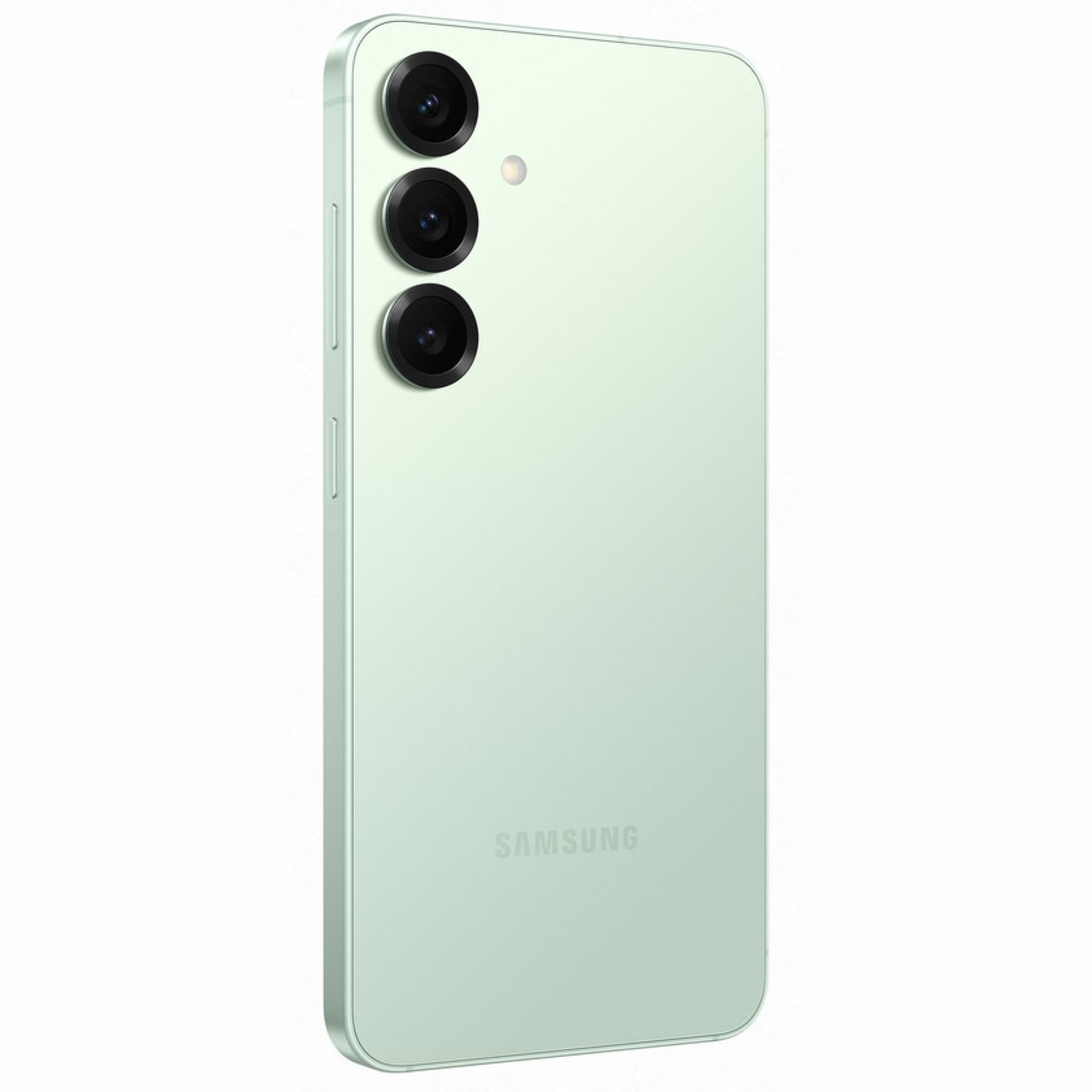 A light green Samsung phone, angled view. Three camera lenses are stacked vertically, with the Samsung logo at the bottom.
