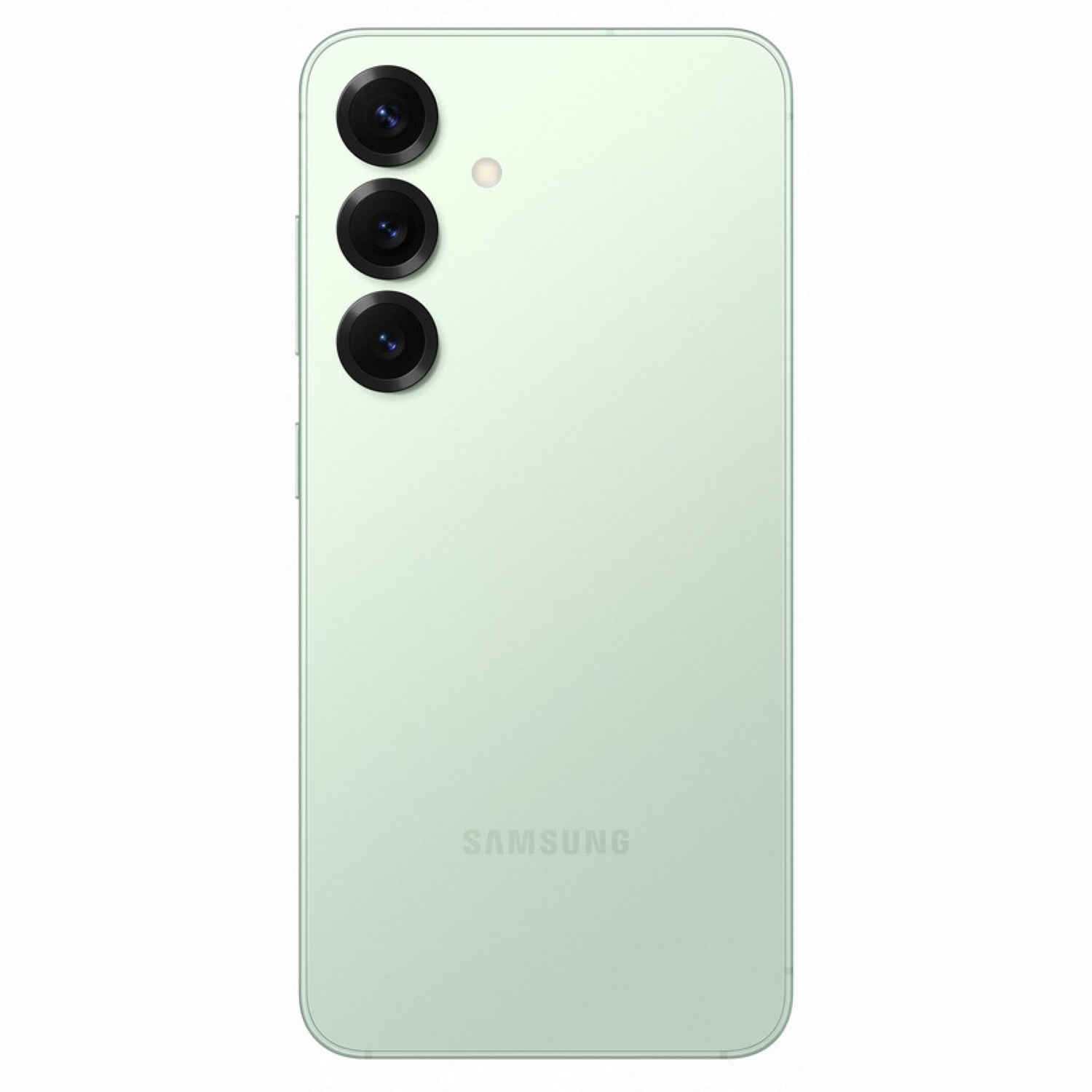 A light green smartphone back. It has three camera lenses and a flash. The Samsung logo is at the bottom.