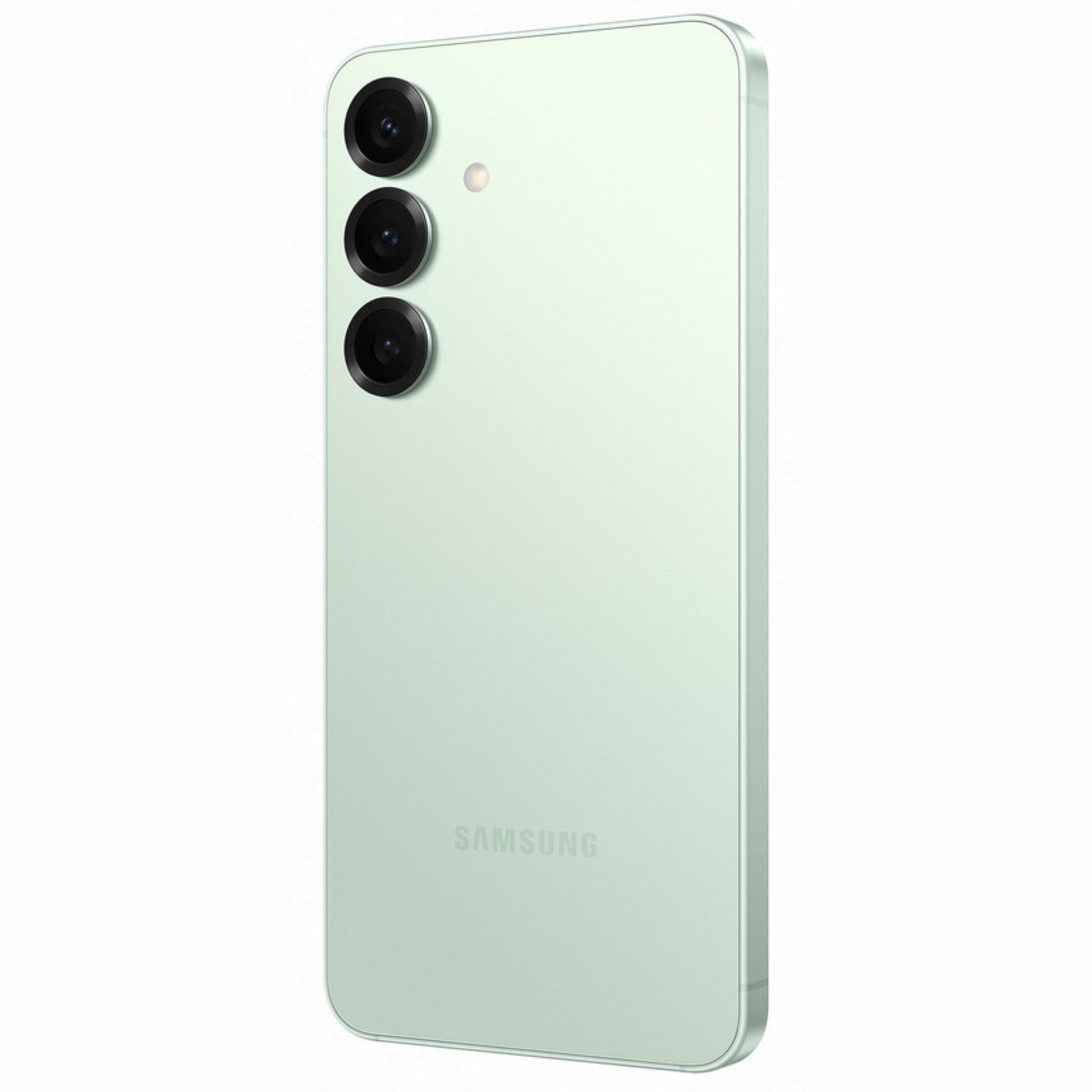 A light green Samsung phone. It has three camera lenses and a flash. The Samsung logo is visible.
