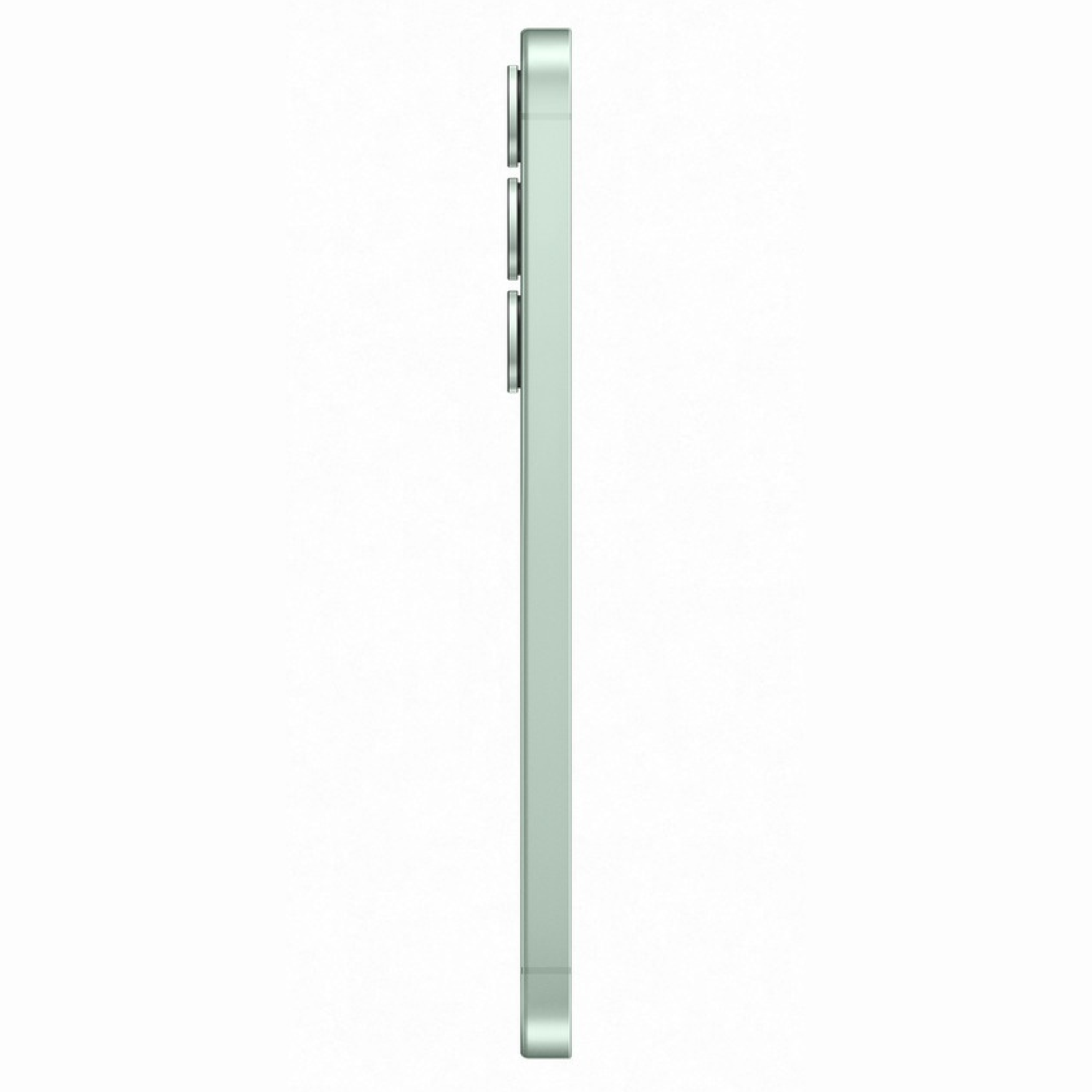 Side view of a light green smartphone. Three camera lenses are visible. The phone is positioned vertically against a white background.
