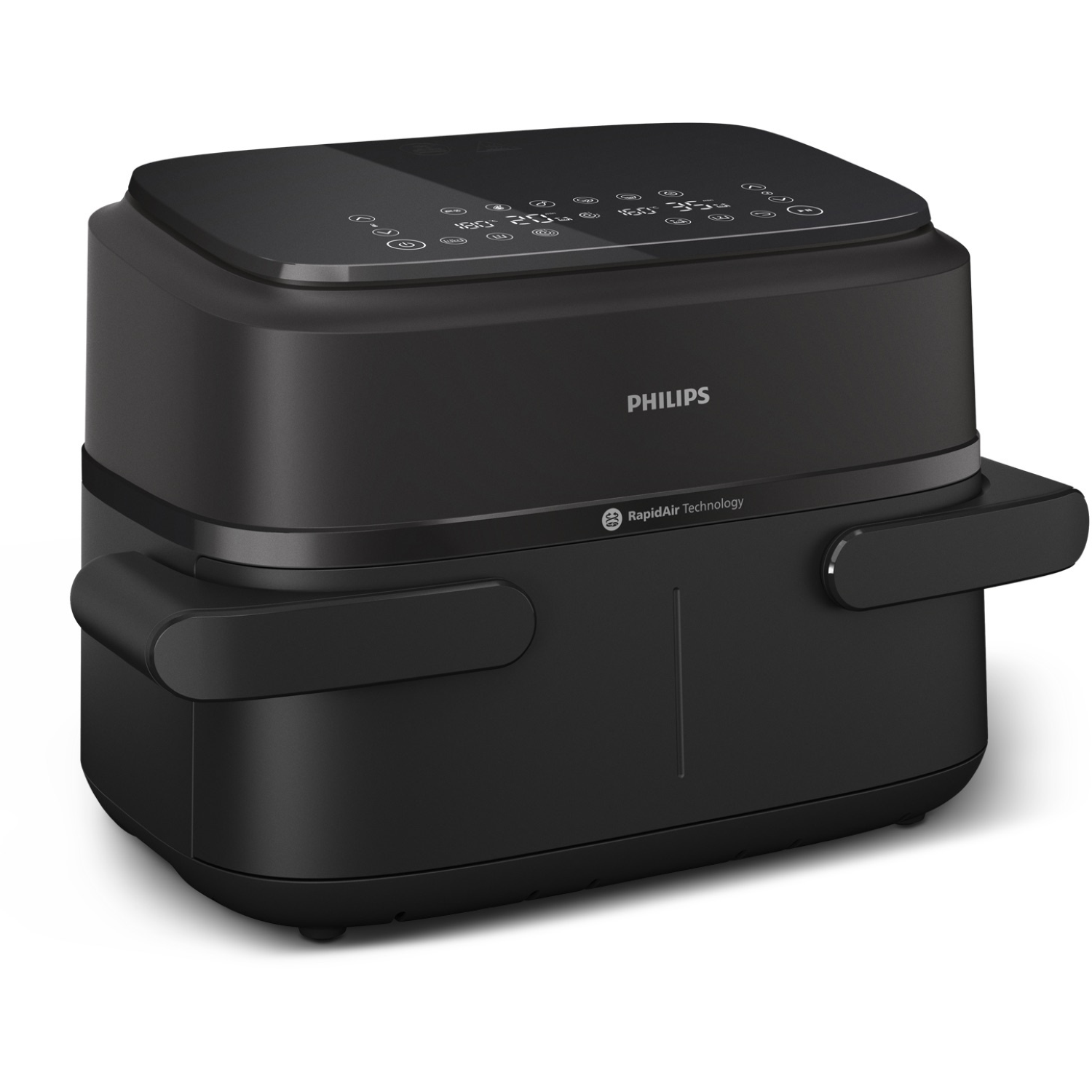 Een zwarte Philips airfryer op een witte achtergrond. Het heeft een digitaal display en handgrepen. Rapid Air Technology is gelabeld.