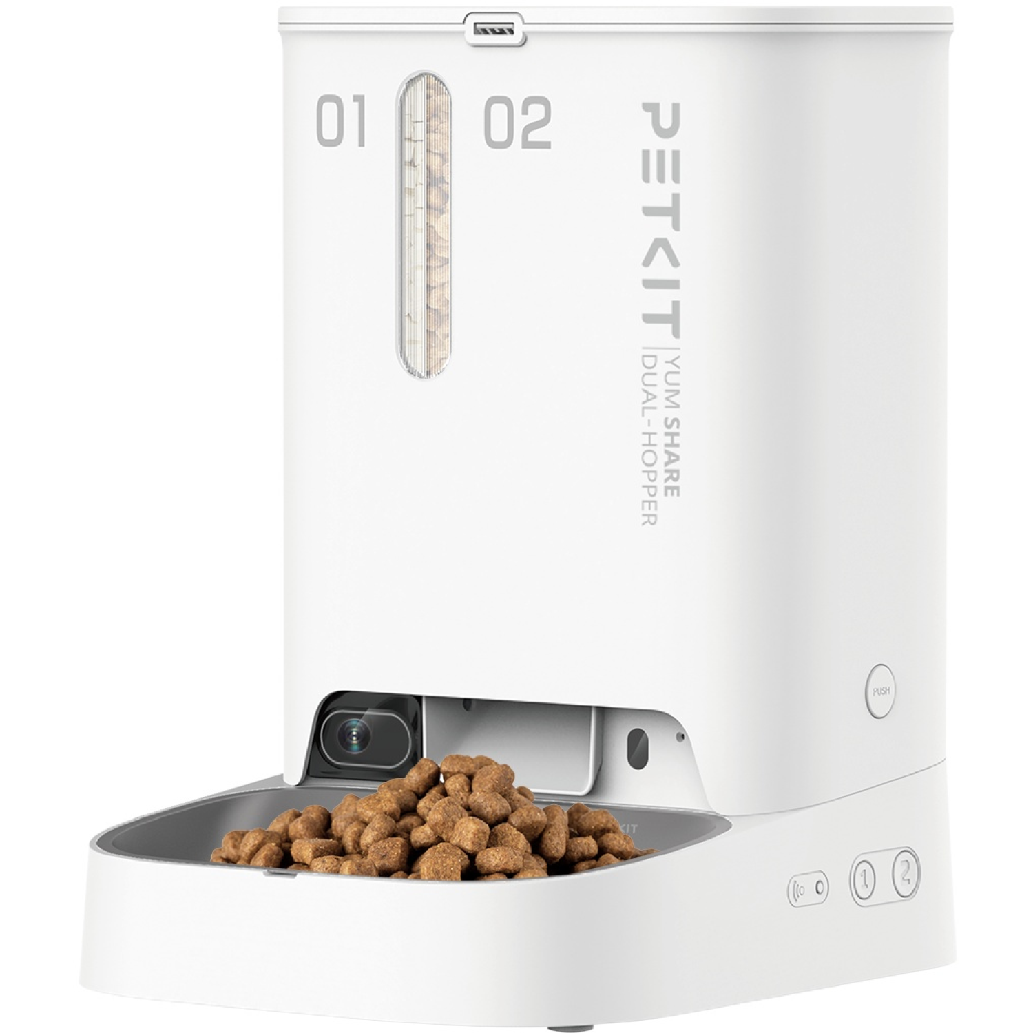 A white PETKIT automatic feeder with food and a camera. It has food compartments labeled 01 and 02. The bowl contains pet food.