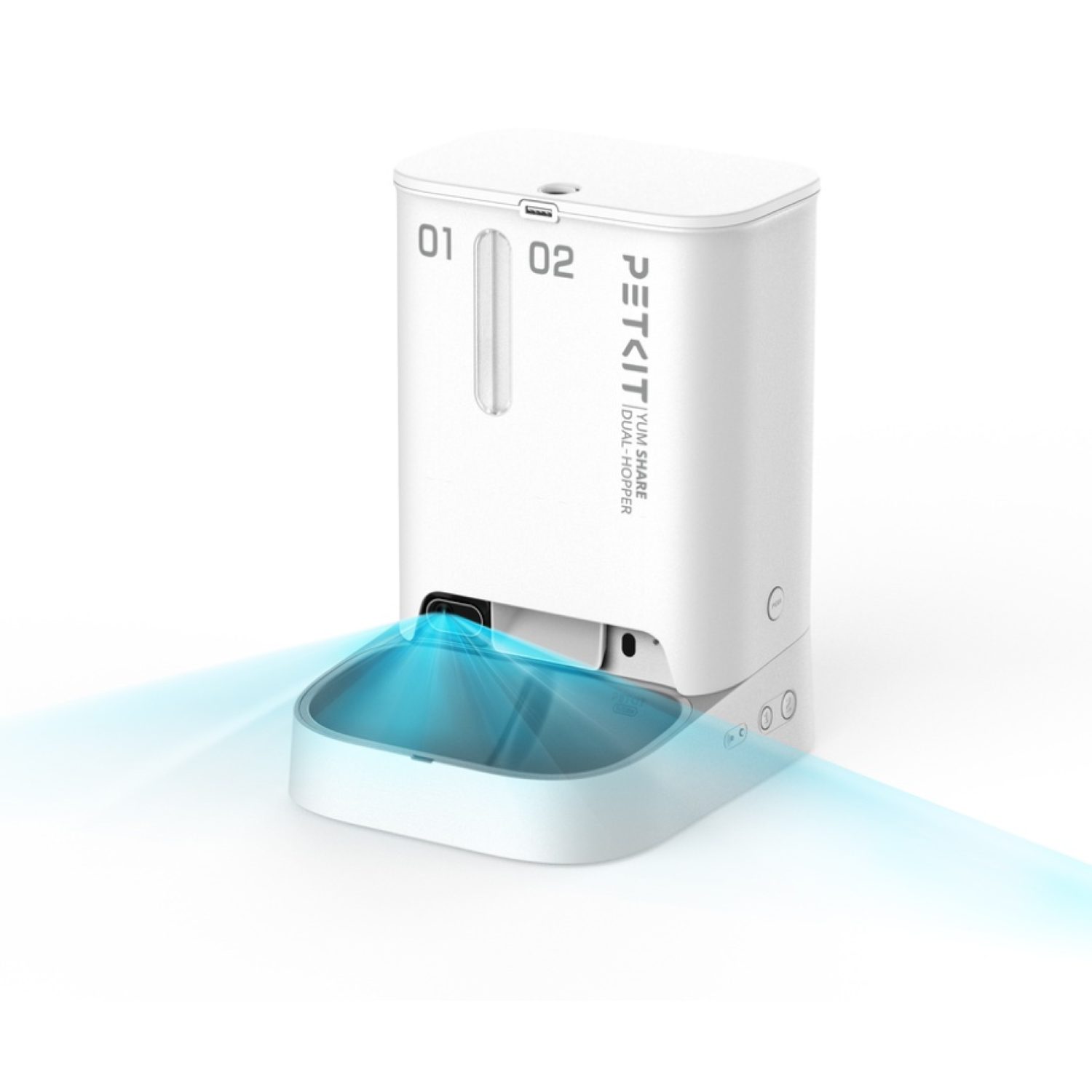 A white PETKIT dual-hopper pet feeder. It has a feeding tray, a main body with numbers, and blue light. The background is white.