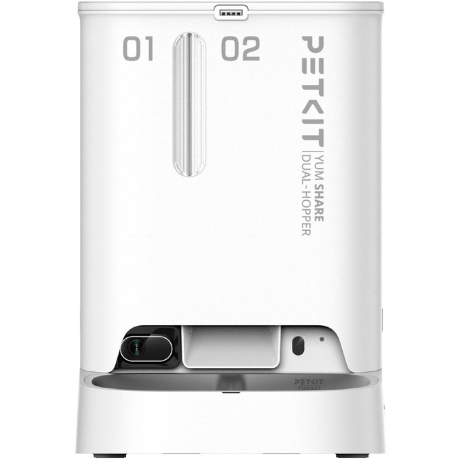 A white Petkit Yum Share Dual-Hopper pet feeder. It has two food compartments, a camera, and a feeding tray. The design is sleek and modern.