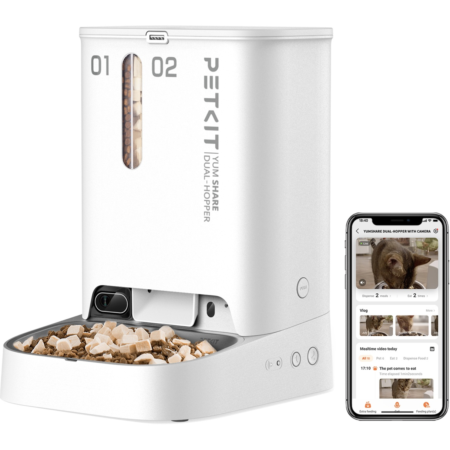 A white Petkit Yum Share dual hopper pet feeder with a phone showing a cat eating. It has food in the dispenser and bowl.