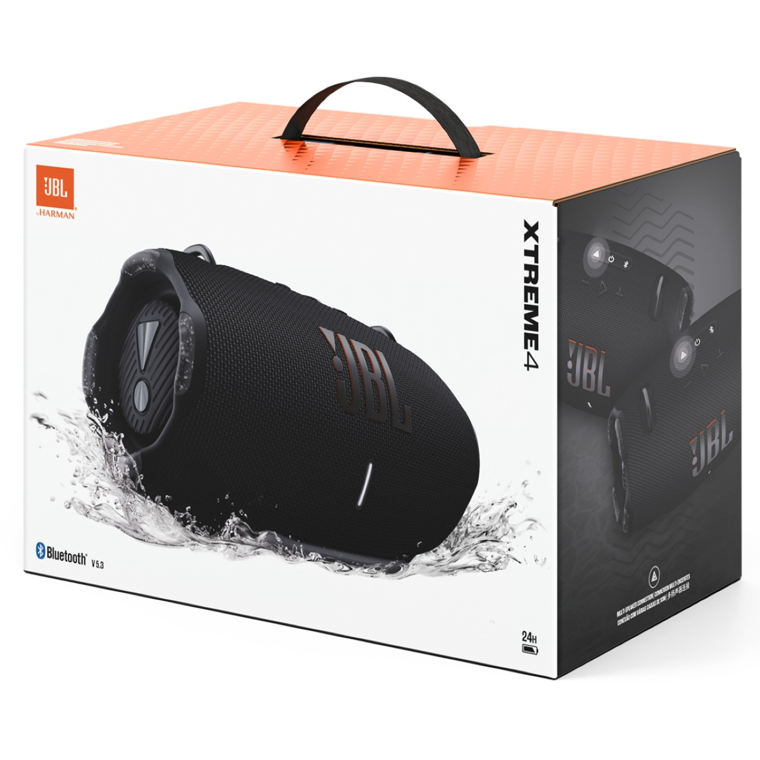 A JBL Xtreme 4 speaker in its box. The box is white and orange, with the speaker's image and branding.
