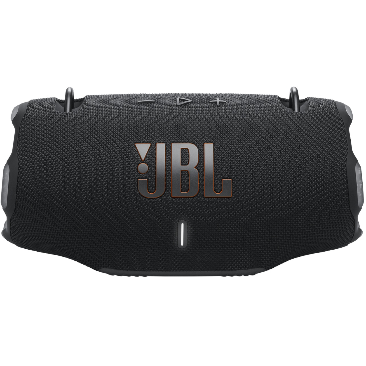 Black JBL speaker with orange accents. The speaker has buttons, a logo, and a handle.